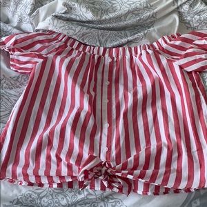 Striped off the shoulder top with front tie